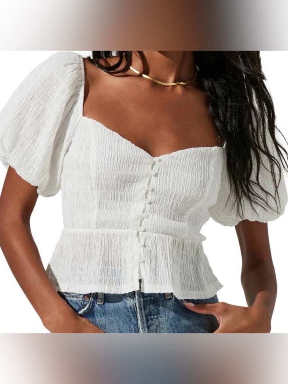 ASTR The Label White Puff Sleeve Smocked Top – Size L